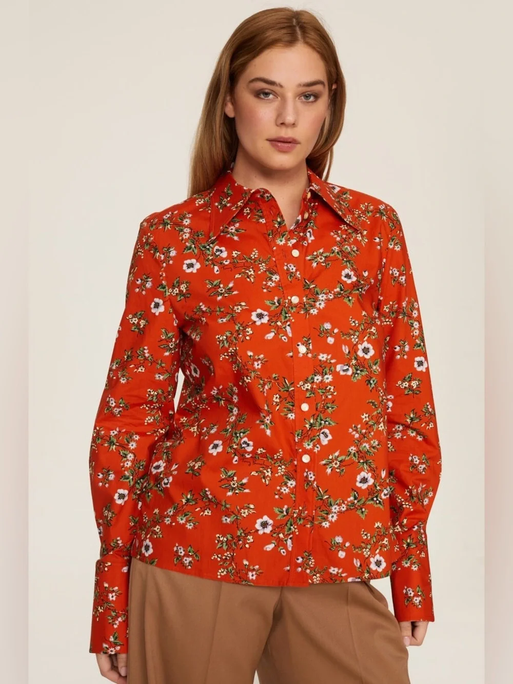 Tory Burch 100% Cotton Red Floral Oxford Button Up Shirt size 4